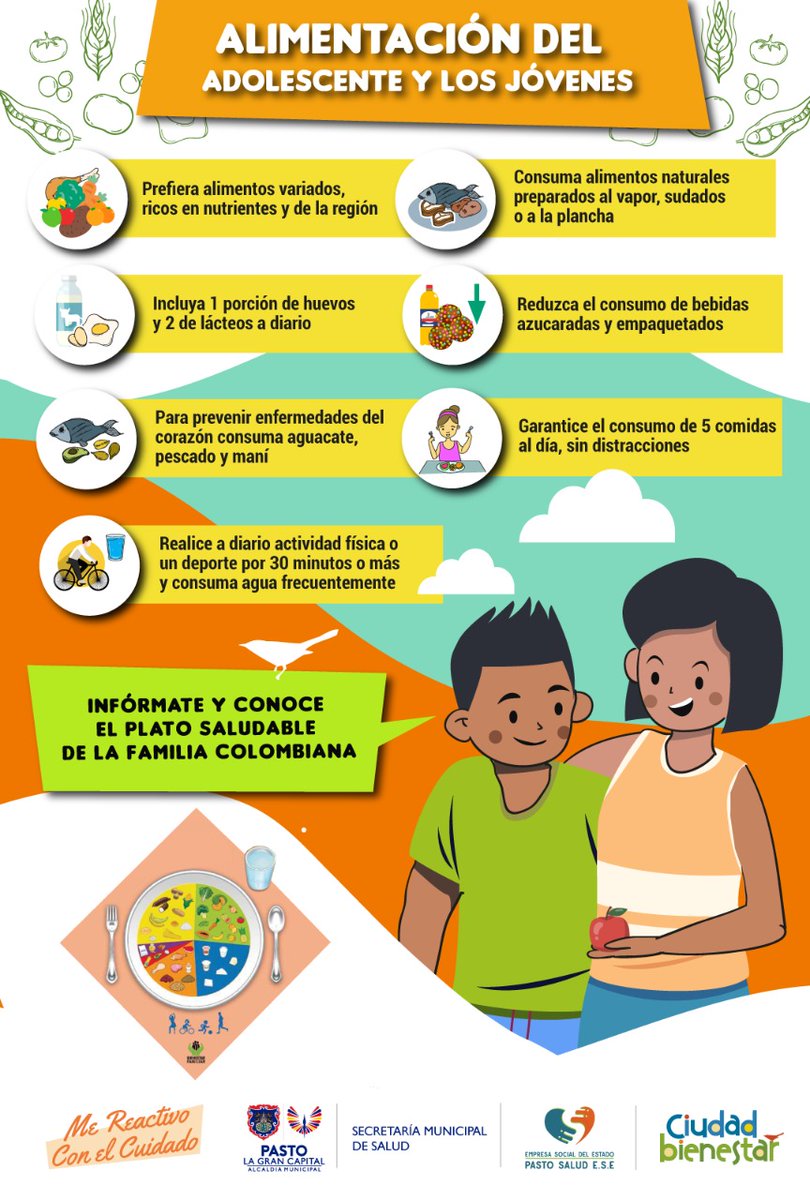 CUIDADBIENESTAR's tweet photo. Ciudad Bienestar con la comunidad.
Recomendaciones - Alimentación saludable para jóvenes y adolescentes. https://t.co/RjOh1NI6og