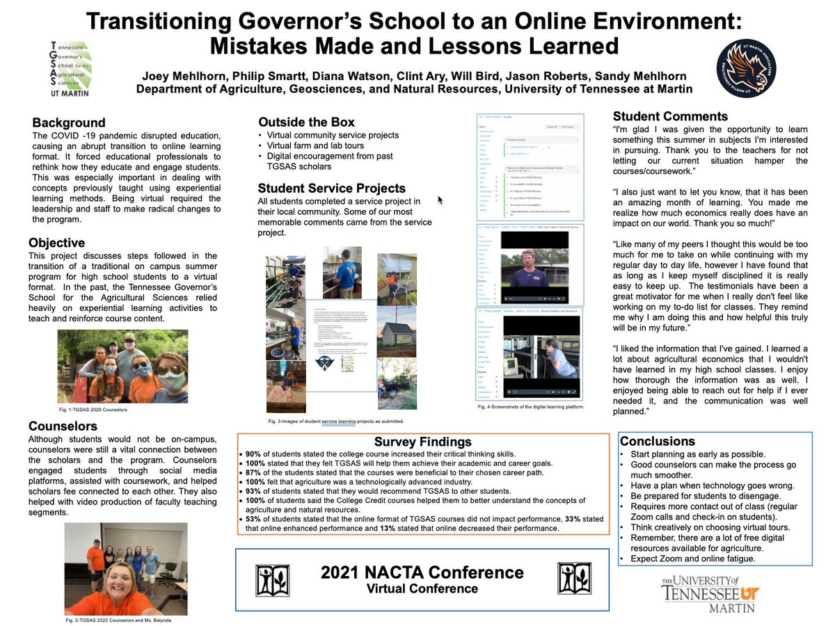 SkyhawkAggie's tweet image. The Faculty of the Tennessee Governor’s School for Agricultural Sciences are presenting a poster about the trials and tribulations of teaching the program online last summer at the virtual 67th Annual @nactateachers conference. #scholarshipofteachingandlearning #TGSAS #NACTA2021