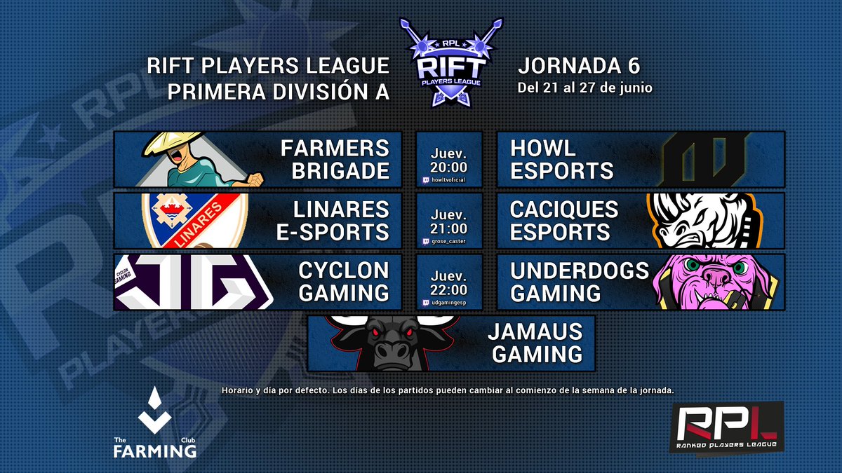 ¡Jueves de #RiftPrimera! Hoy tenemos la penúltima jornada de la competición, ¡mucho en juego de cara a los Play-Off!

GRUPO A:

⚔️ @FarmersBrigade vs. <a href="/_Howlesports/">Howl Esports</a> 
⚔️ @LinaresEsports vs. <a href="/CaciquesEsports/">Caciques</a> 
⚔️ <a href="/CyclonGamingES/">Cyclon Gaming</a> vs. @UDGamingesp 
💤 @JamausGaming