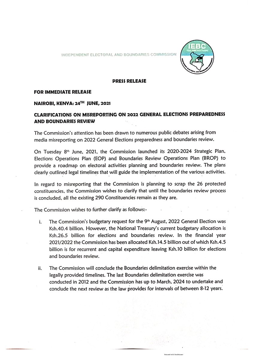 IEBCKenya's tweet photo. Press Release; Clarification on Misreporting on 2022 General Elections Preparedness and Boundaries Review https://t.co/Mq128oRCkK