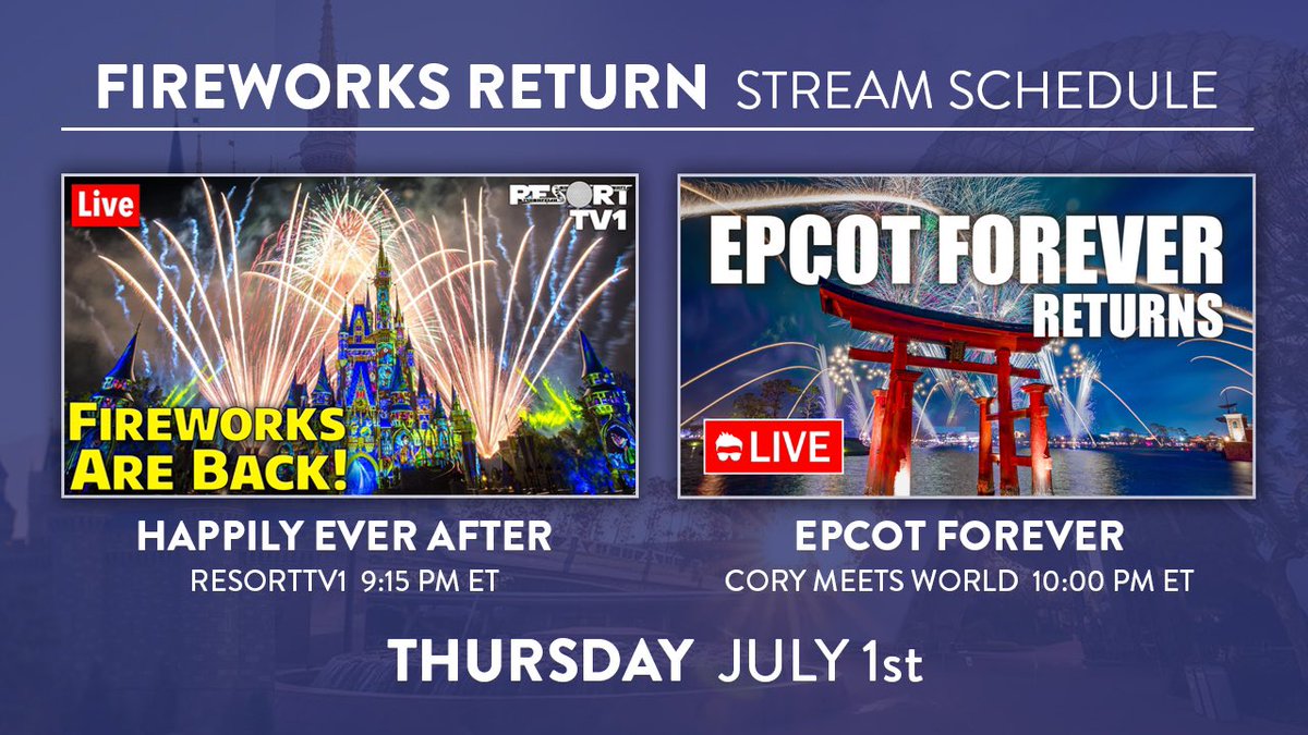 ResortTV1's tweet image. We’ve got you covered for the return of Fireworks at Walt Disney World!  On July 1st, we’ll team up with our friends @CoryMeetsWLD to bring you both Happily Ever After and Epcot Forever Live on this historic night!  Don’t miss it!  More information coming soon!