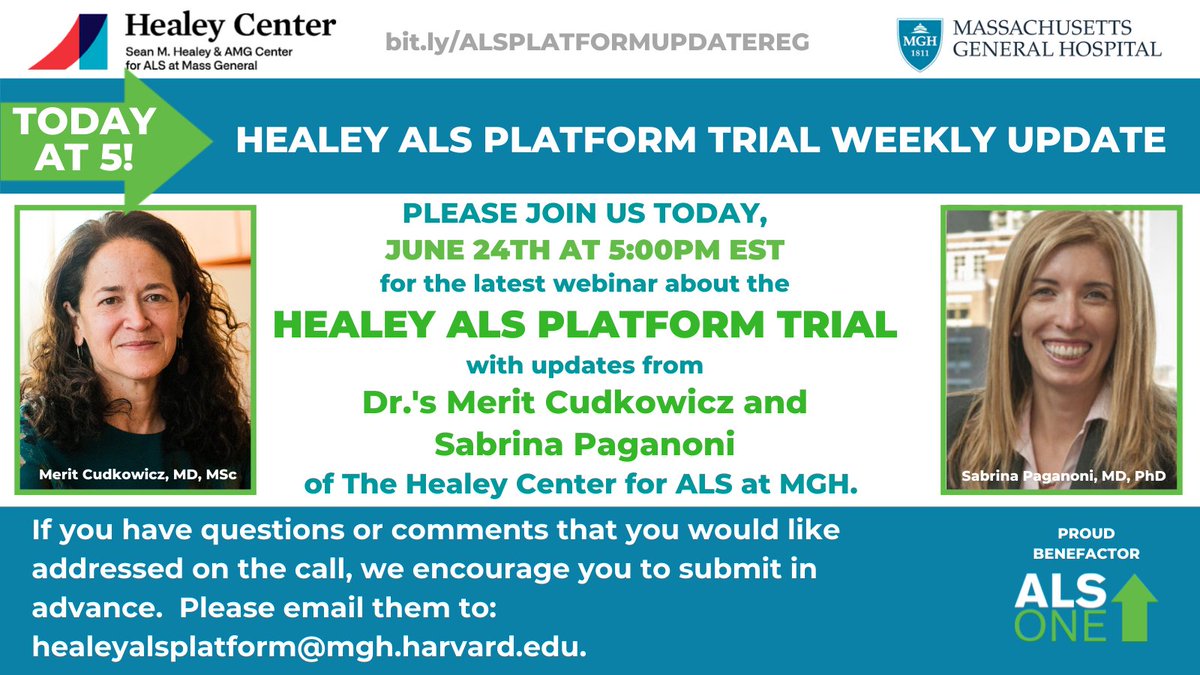 alsone_official's tweet photo. It's #HealeyALSplatformTrial Day! Please join us tonight at 5pm EST for the latest updates from @MeritCudkowicz and @PaganoniMDPhD of The Healey Ctr for #ALS at #MGH @MGHNeurology To register (for free) please visit:
https://t.co/tUAcOwblwG. #ALSHope #EndALS #Unity https://t.co/DJWOfXdV5Z