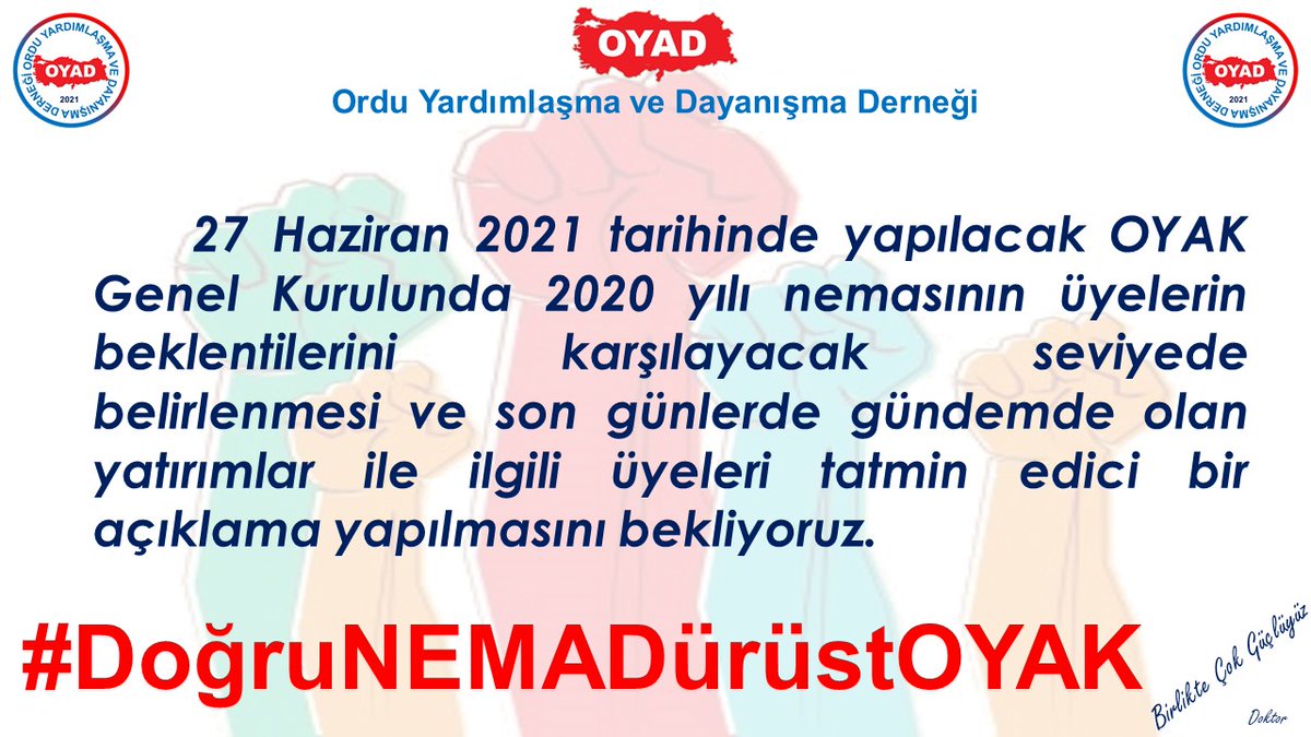 <a href="/OYAD_Dernegi/">OYAD ( Y e d e k H e s a p )</a> <a href="/Kaya__Sancar/">Sancar KAYA</a> @KayaSancar52 <a href="/SancarKaya52/">Sanca®</a> <a href="/Tesud/">Tesa Erfita</a> <a href="/Temad/">Temad</a> <a href="/EMUJAD/">EMEKLİ UZMAN JANDARMALAR DERNEĞİ</a> <a href="/uzder06/">UZDER</a> <a href="/TBMMGenelKurulu/">TBMM Genel Kurulu</a> <a href="/RTErdogan/">Recep Tayyip Erdoğan</a> <a href="/tcbestepe/">T.C. Cumhurbaşkanlığı</a> <a href="/tcsavunma/">T.C. Millî Savunma Bakanlığı</a> <a href="/HulusiAkar_MSB/">Hulusi Akar</a> <a href="/TC_icisleri/">T.C. İçişleri Bakanlığı</a> <a href="/suleymansoylu/">Süleyman Soylu</a> <a href="/Akparti/">AK Parti</a> <a href="/NumanKurtulmus/">Numan Kurtulmuş</a> <a href="/fuatoktay/">Fuat Oktay</a> <a href="/MustafaSentop/">Mustafa Şentop</a> <a href="/BY/">Binali Yıldırım</a> <a href="/fahrettinaltun/">Fahrettin Altun</a> <a href="/MHP_Bilgi/">MHP</a> <a href="/MhpTbmmGrubu/">MHP TBMM Grubu #MHP</a> <a href="/dbdevletbahceli/">Devlet Bahçeli</a> <a href="/erkanakcay45/">Erkan Akçay</a> <a href="/UlviYonter/">Dr.İzzet Ulvi YÖNTER</a> <a href="/HVahapoglu/">Dr. M. Hidayet VAHAPOĞLU 🇹🇷</a> <a href="/herkesicinCHP/">CHP 🇹🇷</a> <a href="/kilicdarogluk/">Kemal Kılıçdaroğlu</a> <a href="/aykuterdogdu/">Aykut Erdoğdu</a> <a href="/aa_kurumsal/">AA Kurumsal</a> @aa_sirket <a href="/tgrthabertv/">TGRT HABER</a> @FOXhaber <a href="/benguturktv/">Bengü Türk</a> <a href="/ntv/">NTV</a> <a href="/cnnturk/">CNN TÜRK</a> <a href="/HaberturkTV/">Habertürk TV</a> <a href="/ShowTV/">Show TV</a> <a href="/beyaztv/">BEYAZ TV</a> <a href="/gercekgundem/">Gerçek Gündem</a> <a href="/selcukktepeli/">Selçuk Tepeli</a> <a href="/ismailsaymaz/">İsmail Saymaz</a> <a href="/Deniz_Zeyrek/">deniz zeyrek</a> @ugurdundarsozcu <a href="/saygi_ozturk/">Saygı Öztürk</a> <a href="/feridun_anda/">Feridun Andaç</a> <a href="/aktaserdogan/">Erdogan Aktas</a> <a href="/YildirimBircan/">Bircan YILDIRIM</a> <a href="/KucukkayaIsmail/">Ismail Kucukkaya</a> 🇹🇷 27 Haziran 2021 tarihinde yapılacak OYAK Genel Kurulunda 2020 yılı nemasının üyelerin beklentilerini karşılayacak seviyede belirlenmesi ve son günlerde gündemde olan yatırımlar ile ilgili üyeleri tatmin edici bir açıklama yapılmasını bekliyoruz.

#DoğruNEMADürüstOYAK