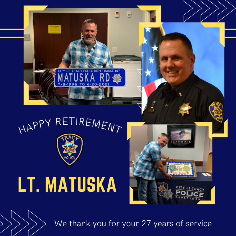 tracypd's tweet photo. Last week we celebrated and thanked Lt. Tony Mutuska for his 27 years of police service. We wish him all the best in retirement and thank him for all he did for our Tracy community. Youβll be missed!
#tracypd #tracypolicedepartment #tracypolice #TracyTogether #tracyca https://t.co/QWfPbizB7s