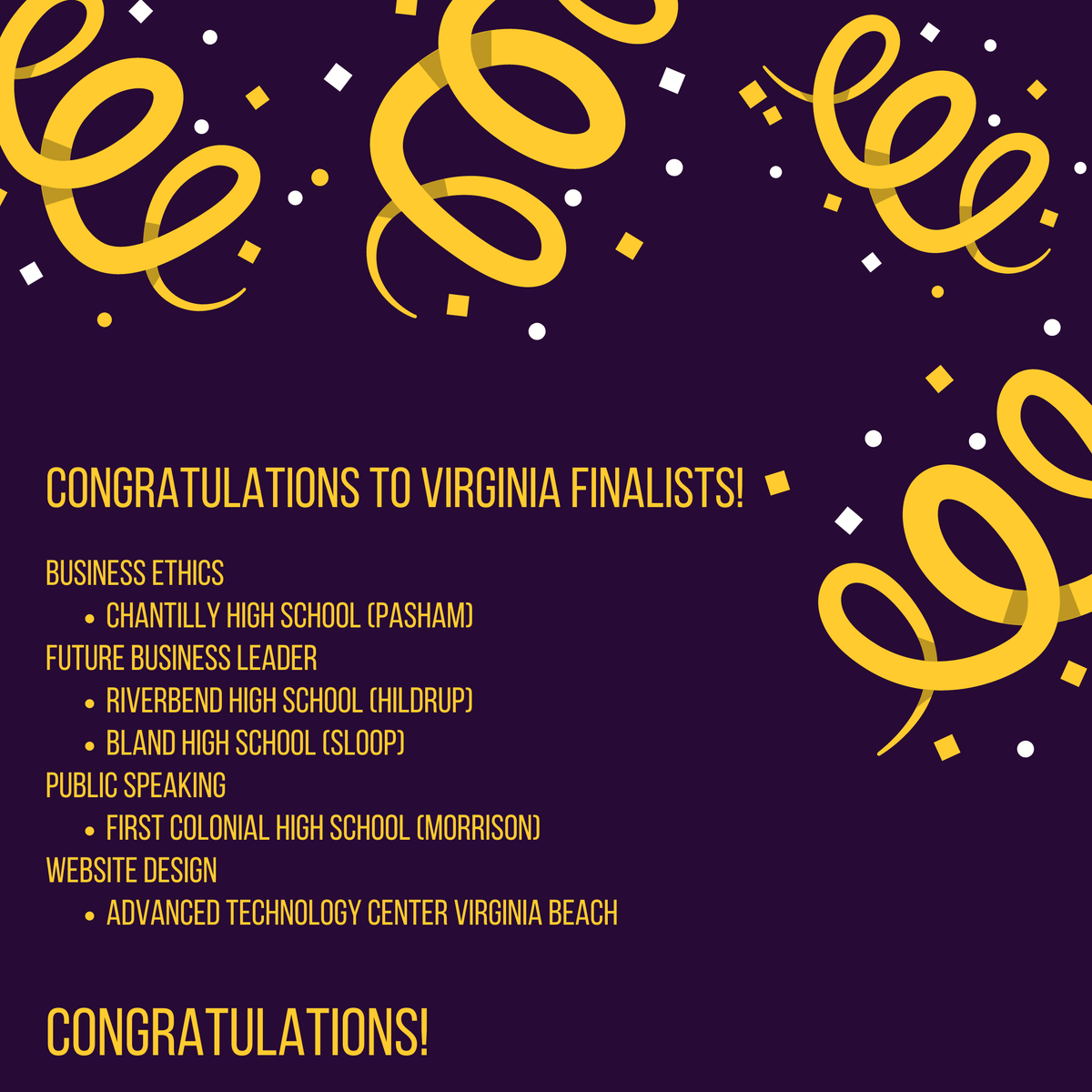 VAFBLA's tweet photo. CONGRATULATIONS to our @FBLA_National #NLC21 finalists from Virginia! We are so proud of you. #fbla #pbl #fblapbl #competitions #competitiveevents #cte #ctso #ctsos #fblanlc21 #fblanlc https://t.co/vLI9euJEgI