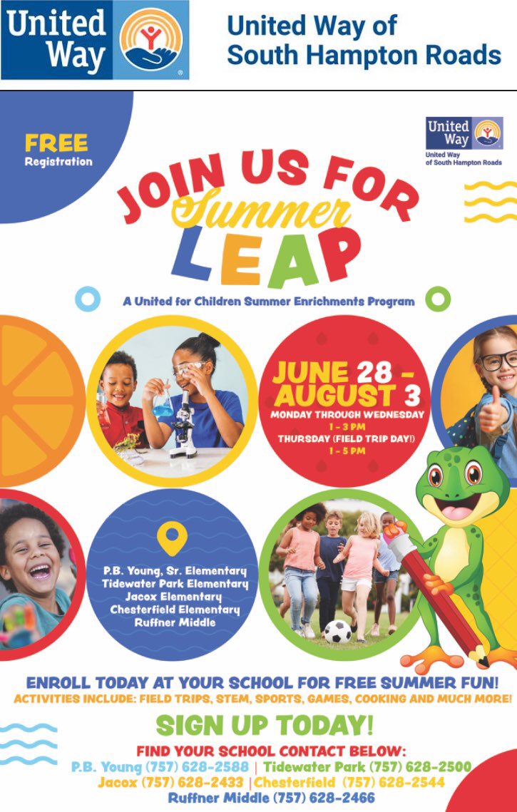 Join us for our 2021 Summer LEAP program at PB Young! Monday-Wednesdays from 8:30-3:00 and Thursdays from 8:30-5:00. <a href="/unitedwayshr/">United Way of South Hampton Roads</a>