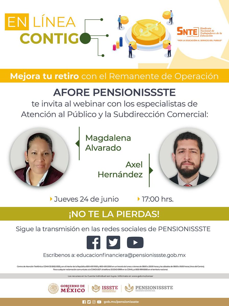 #SNTE 🍎📚

🟠 Hoy 🗓️ 17 hrs 🕔 Webinar 👉Mejora tu retiro con el remanente de operación ✔️ orientación de cultura financiera de <a href="/PENSIONISSSTE_/">AFORE PENSIONISSSTE</a> 🏥 en línea contigo para que tengas un mejor y más digno futuro 👴🧓

👉Conéctate en vivo 🧑‍💻
👉 bit.ly/3wOd4N8 🖥️