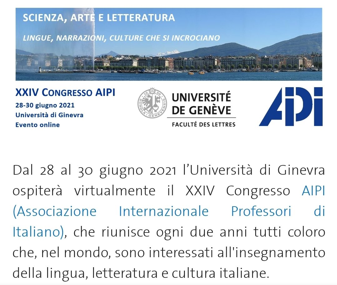 LanguageSector's tweet image. 🆕️ Dal 28 al 30 giugno 2021 l’Università di Ginevra ospiterà virtualmente il XXIV Congresso AIPI (Associazione Internazionale Professori di Italiano). Scoprite di più sul calendario degli eventi #LanguageSector 👉 thelanguagesector.eu/es/eventscalen…