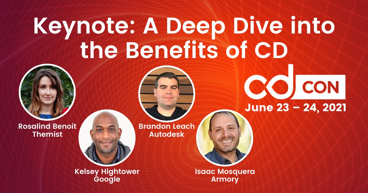 Continuous Delivery Foundation (CDF) (@cdeliveryfdn) on Twitter photo In 1 hour: #cdCon Keynote: A Deep Dive into the Benefits of #ContinuousDelivery
A fireside chat moderated by <a href="/kelseyhightower/">Kelsey Hightower</a> with
- <a href="/dnilas0r/">Rosalind Benoit</a>, <a href="/TechThemist/">themist.tech</a>
- Brandon Leach, <a href="/autodesk/">Autodesk</a>
- <a href="/imosquera/">Isaac Is Laughing</a>, @cloudarmory In 1 hour: #cdCon Keynote: A Deep Dive into the Benefits of #ContinuousDelivery
A fireside chat moderated by <a href="/kelseyhightower/">Kelsey Hightower</a> with
- <a href="/dnilas0r/">Rosalind Benoit</a>, <a href="/TechThemist/">themist.tech</a>
- Brandon Leach, <a href="/autodesk/">Autodesk</a>
- <a href="/imosquera/">Isaac Is Laughing</a>, @cloudarmory