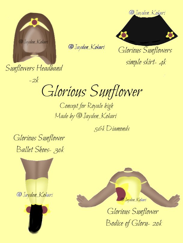 Concept for Royale high i made =)

-Glorious Sunflower set concept-

'Made in IbispaintX
'(Only a concept and won't come to game) 
'(Some reference of Dear Dolly heels used for leg shape.)

Likes and retweets appreciated!

#royalehigh
#royalehighconconcept
#royalehighart