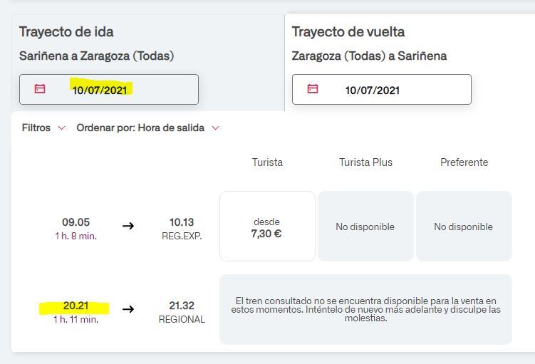 nopierdastutren's tweet photo. Ahora que ¡por fin! salen los pueblos en la web de @renfe,  ir de Sariñena a Zaragoza en sábado de julio nos sale ida sin vuelta o vuelta sin ida, ¡Grandes ideas para potenciar la demanda!  #AragonnopierdasTuTren ¡Ah! 77kms - 3 h 29 m y  23€, no es ni @elmundotoday ni @Avlorenfe https://t.co/rijyPpKWOH