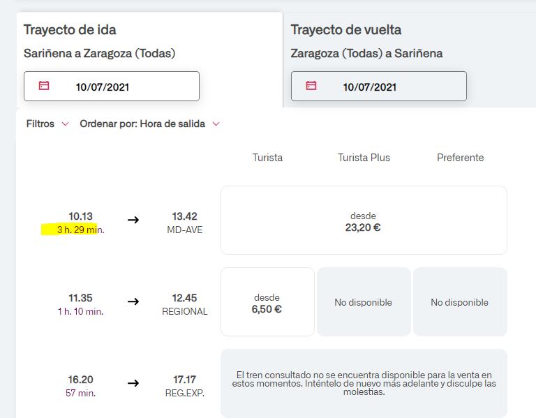 nopierdastutren's tweet photo. Ahora que ¡por fin! salen los pueblos en la web de @renfe,  ir de Sariñena a Zaragoza en sábado de julio nos sale ida sin vuelta o vuelta sin ida, ¡Grandes ideas para potenciar la demanda!  #AragonnopierdasTuTren ¡Ah! 77kms - 3 h 29 m y  23€, no es ni @elmundotoday ni @Avlorenfe https://t.co/rijyPpKWOH