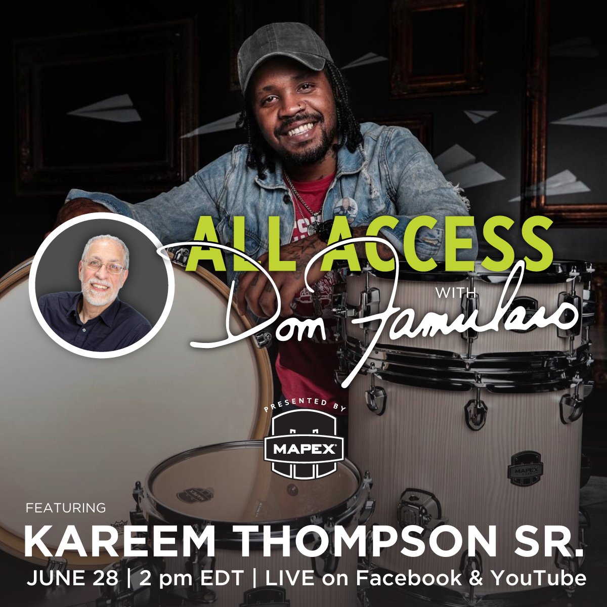The next guest on All Access with Dom Famularo will be Mapex artist Kareem Thompson Sr! Join us Monday, June 28th at 2pm ET on our Facebook or YouTube for this interview! #mapexdrums #mapex @DomFamularo