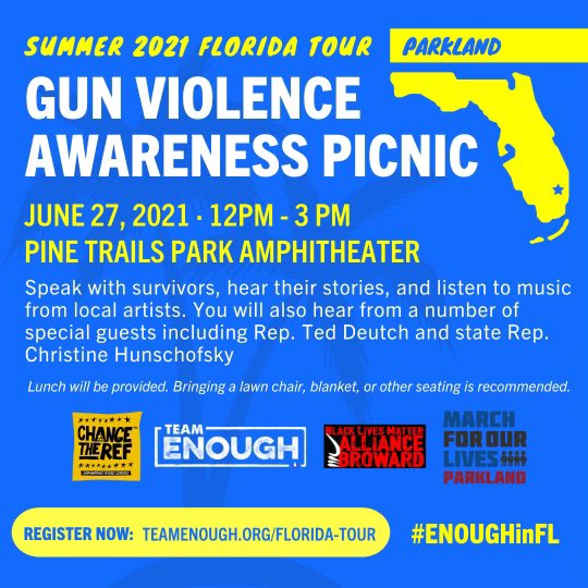 Join us this Sunday, June 27 from 12 — 3 p.m. ET for a gun violence awareness picnic at Pine Trails Park! Speak with survivors, hear their stories, and listen to music from local artists. 

RSVP: teamenough.org/fl-tour-parkla…