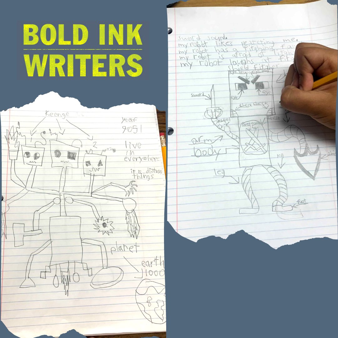 BoldInkWriters's tweet photo. This week we got to meet The Flying Robot, Mr. Bot 100, Sky 10,000 &amp; more at our Bold Ink Writers Science Fiction Workshop at Dexter Middle School in Whittier, through our partnership with @AHJNetwork! We love the robot characters &amp; stories the youth created in our workshop! https://t.co/5SFnRzqnQC
