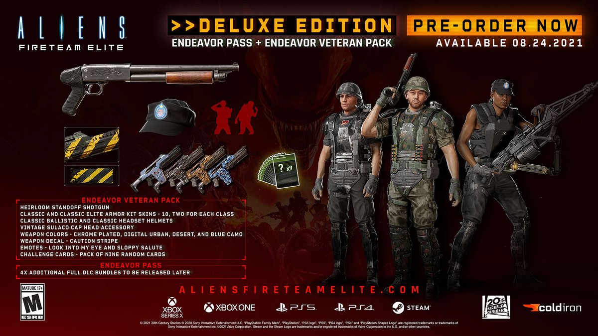 AliensFireteamE's tweet image. You can never be too prepared. Get the #AliensFireteamElite Deluxe Edition to receive:
🔥 4x Future DLC Bundles
🔥 Heirloom Standoff Shotgun
🔥 10 Armor Skins
🔥 Challenge Cards, Emotes, and more!

Pre-order: AliensFireTeamElite.com 👈