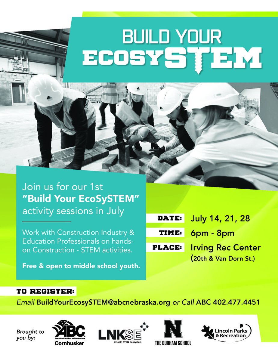 We’re excited to share “Build Your EcosySTEM” sessions! Middle school students can now engage three nights of working hands-on with industry pros on Construction/STEM related activities! July 14, 21, &amp; 28 6:00-8:00 PM #LNK