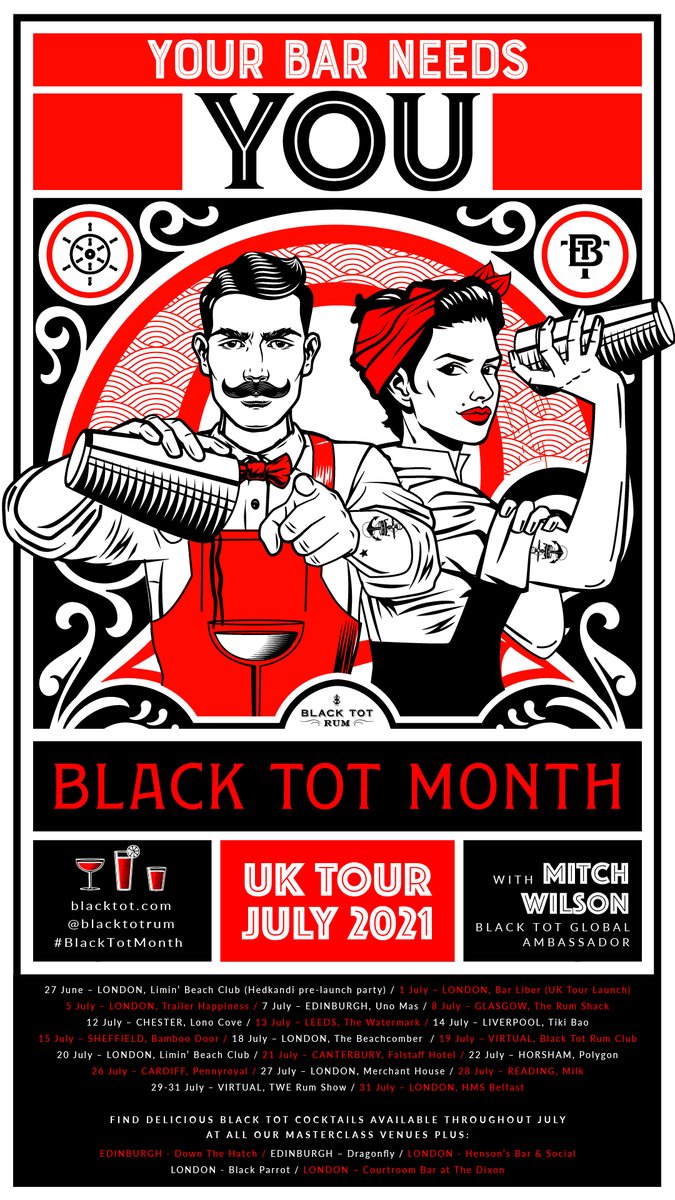 BlackTotRum's tweet image. This year our bars need our support more than ever -so the message of this #BlackTotMonth (July) 2021 is #YourBarNeedsYou
With every Black Tot cocktail at one of our partner bars this July, you&apos;ll get a Ration Card for a free tot back at that bar on Black Tot Day, 31st July 2021