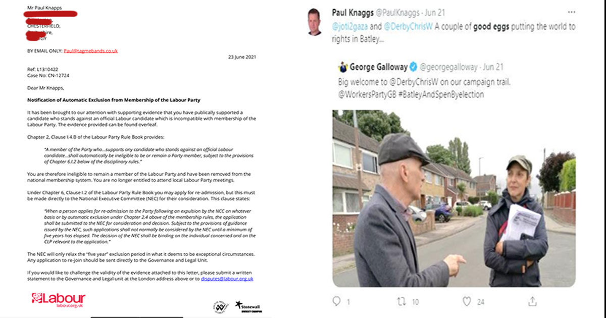 PaulKnaggs's tweet image. Today I was expelled from Starmer's @UKLabour
After Two years of a trumped-up suspension they finally expel me for saying @DerbyChrisW  and @joti2gaza "were two good eggs!" As a #EXLabourMember I'm now free to express my views on @UKLabour Good luck in #Batley @georgegalloway