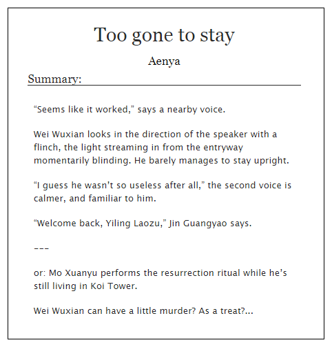 YellingWei's tweet photo. "Too gone to stay"
#wangxian / Wei Wuxian-centric / novel canon

🌶️ What would happen if Mo Xuanyu summoned WWX while he was still living in Koi Tower?...
🌶️ Wei Wuxian can have a little m*rder? As a treat? 🥺👉👈
🌶️ Lanling Jin Is Not Having A Good Time Anymore™

Link in reply! https://t.co/5A5mClEA9V