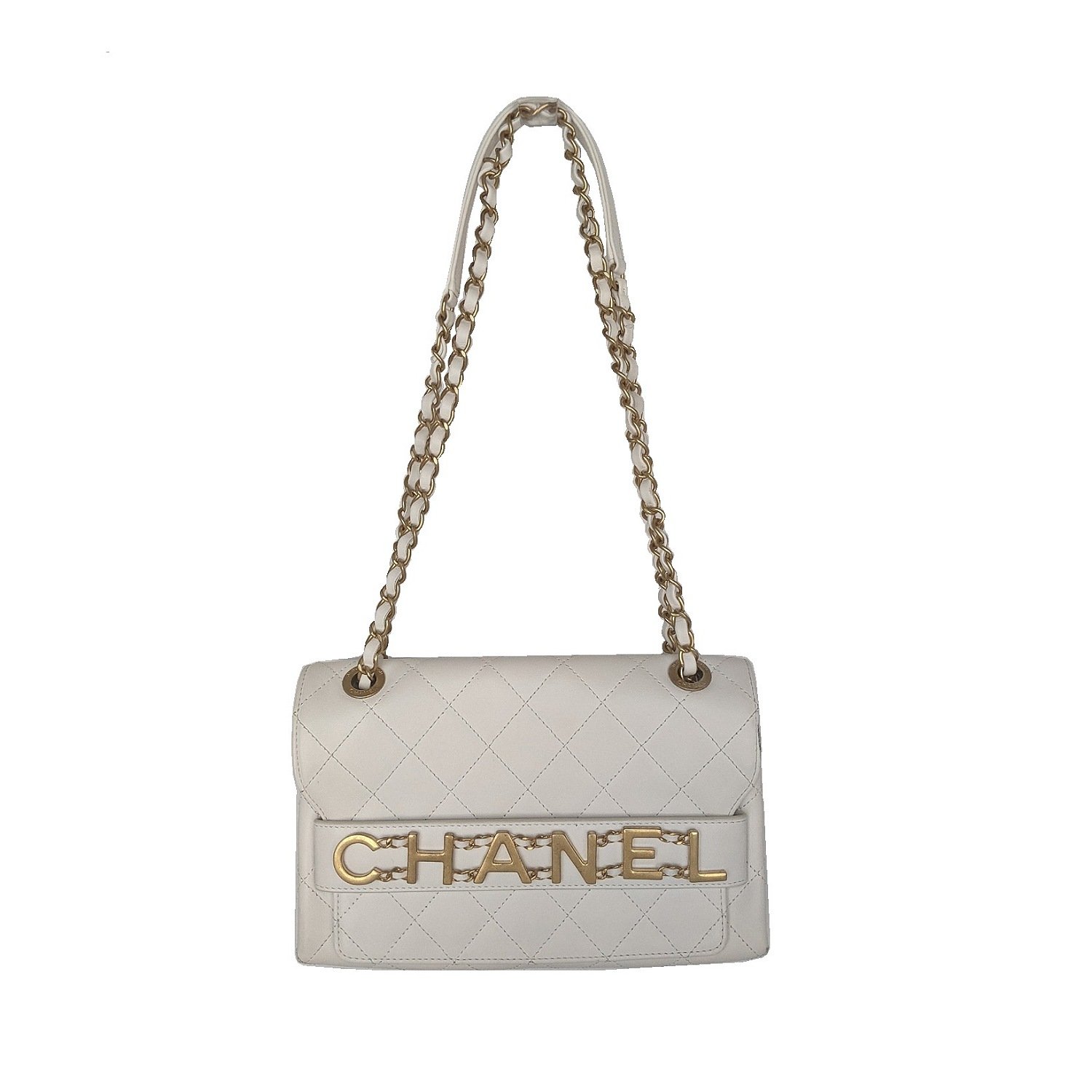 The Relux on X: This oversized logo helps you brag about your bag wherever  you go! . . . Name: Chanel White Quilted Calfskin Front Logo Enchained Flap  Material: Calfskin leather Overall