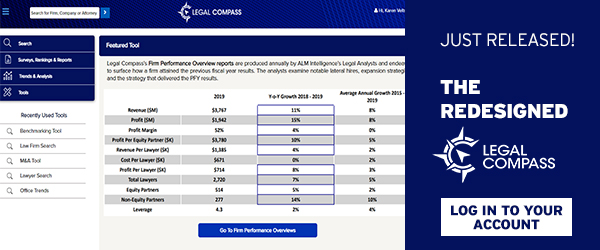 ALMLegalIntel's tweet image. Legal Compass has a new look! The enhanced design aligns with the updated Law.com style. We added features that allow users to view multi-year growth trends &amp;amp; advanced data. To see the changes, log in to your account or request a demo here: alm.com/intelligence/s…