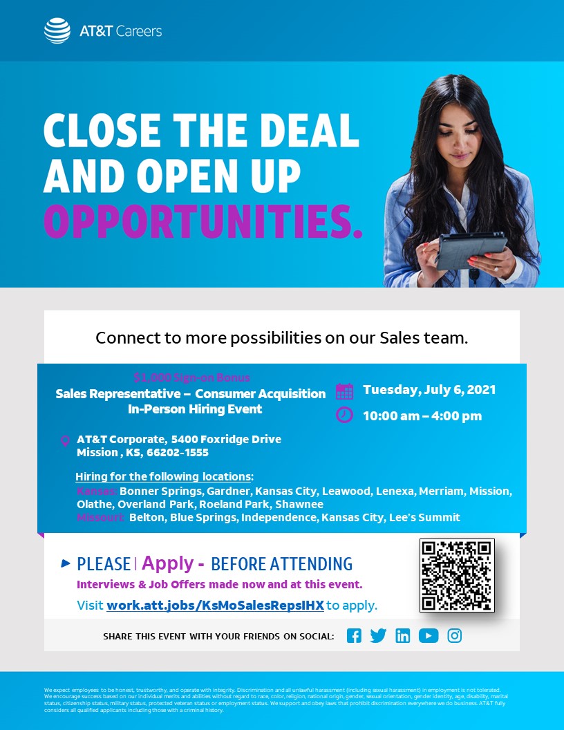 🚨 Is you or someone you know looking for a job? AT&amp;T is hiring for various positions across the state.

To view a list of all current positions available in Kansas, click here: work.att.jobs/KansasJobOpeni…