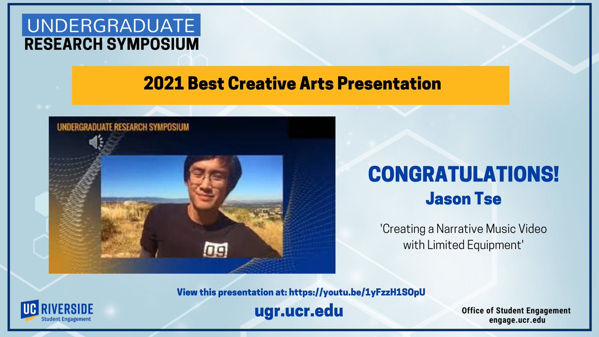 Congratulations to the 2021 Best Creative Arts Presentation from this year's Research Symposium; Jason Tse. 
View this presentation at: youtu.be/1yFzzH1SOpU
#UCRresearch #ucrstudentengagement
<a href="/ucrchass/">UCR CHASS</a>