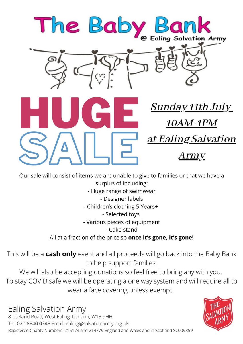 The Baby Bank are having a big sale on Sunday 11th July from 10-1. This is a cash only sale. Lots on offer at fraction of the price. Venue details attached. #babybank #foodbank #sale #ealing #salvationarmy