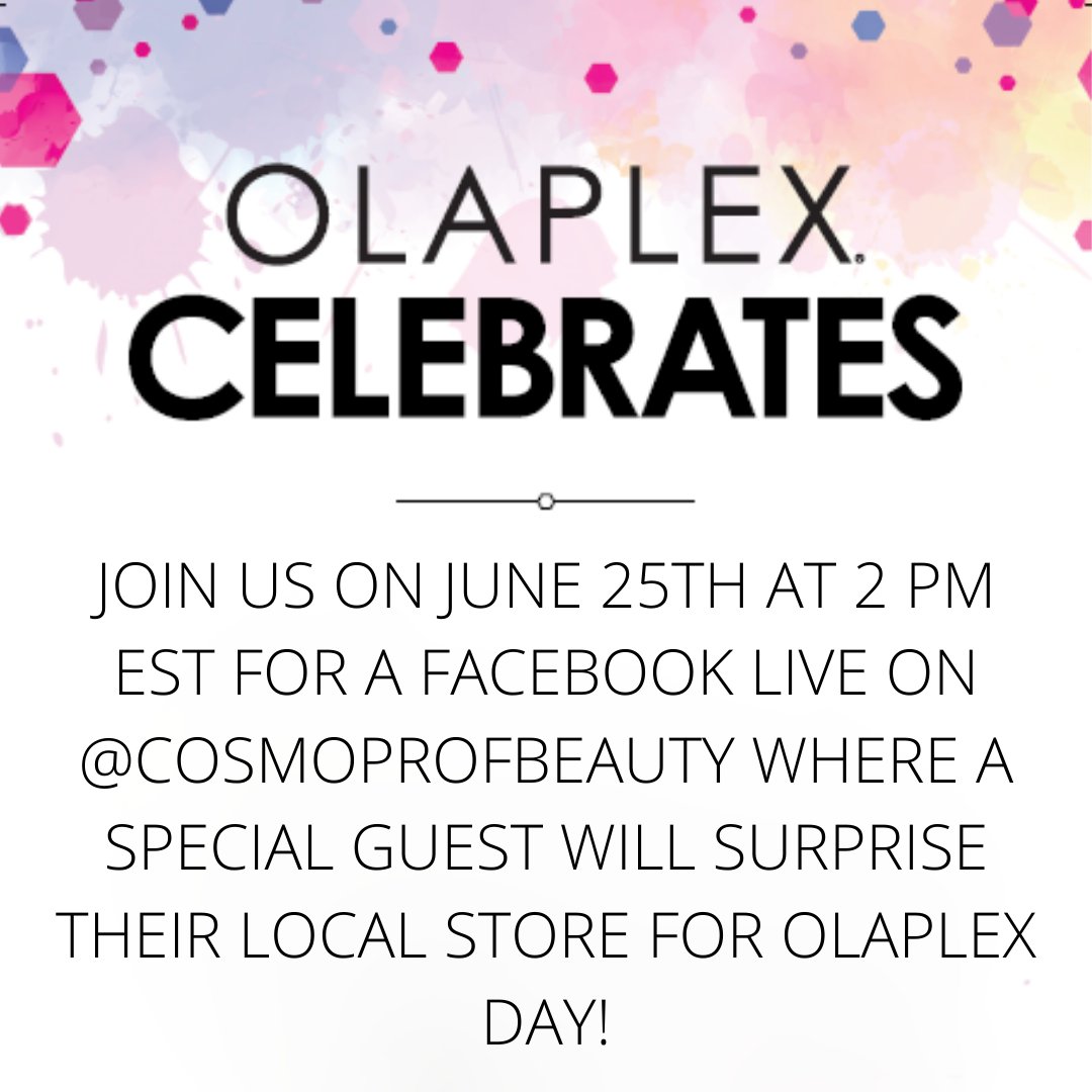 cosmoprofbeauty's tweet image. June 25th is National Olaplex Day and we are celebrating YOU, the #licensedtocreate community! 🎉🎁

Join us on June 25th at 2 PM EST for a Facebook Live on the Cosmo Prof Facebook page. A special guest will surprise their local store for Olaplex Day!