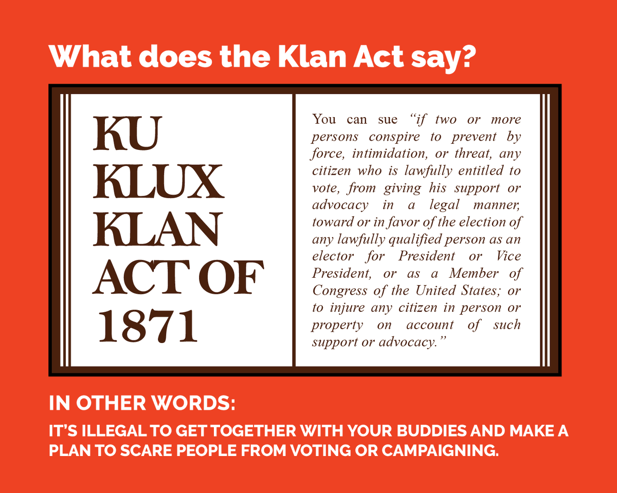 Anyone engaged in organized threats or #PoliticalViolence should know that they’re breaking the law (the Ku Klux Klan Act, to be exact) and can be held accountable in federal court. #VoterIntimidation #TrumpTrainTXAttack