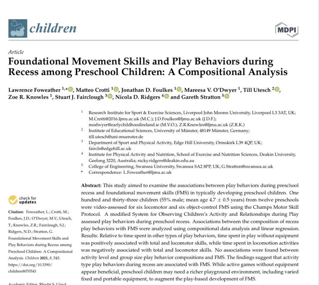 Lawrence Foweather (@lozfo) on Twitter photo NEW RESEARCH: recess play behaviors & foundational movement skills among preschoolers
Nice to see the end product of an idea first conceived >10yrs ago
Thanks to coauthors, esp <a href="/matteo_crotti/">Matteo Crotti</a> for his efforts beginning with his internship in 2017!
doi.org/10.3390/childr… NEW RESEARCH: recess play behaviors & foundational movement skills among preschoolers
Nice to see the end product of an idea first conceived >10yrs ago
Thanks to coauthors, esp <a href="/matteo_crotti/">Matteo Crotti</a> for his efforts beginning with his internship in 2017!
doi.org/10.3390/childr…
