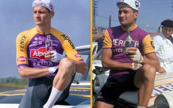 LeGruppetto's tweet photo. La photo hommage de Mathieu Van der Poel pour  Raymond Poulidor. Comme son grand-père, MVDP va découvrir le Tour de France à 26 ans. #TDF2021 https://t.co/mee7P5r9dJ