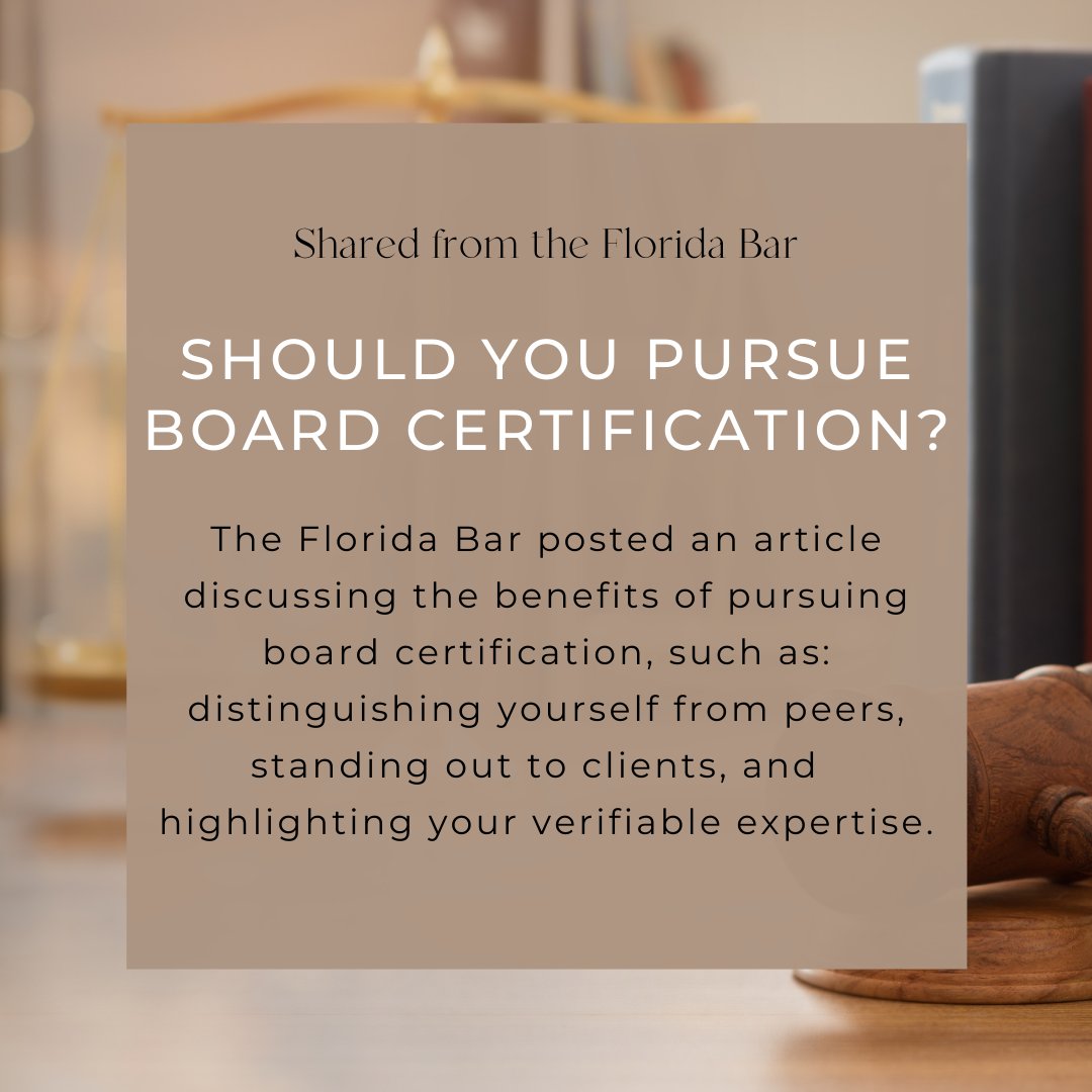 #TBT The Florida Bar shared an article discussing the benefits of pursuing board certification. 

To read the article, click here: bit.ly/3ga2QRK  
#FLBar #BoardCertified #BoardCertifiedLawyer #BoardCertifiedAttorney