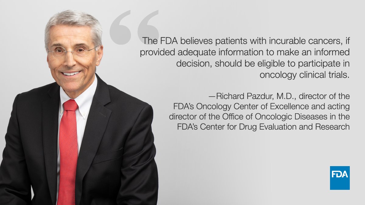 Today, <a href="/US_FDA/">U.S. FDA</a> issued a new draft guidance encouraging the inclusion of patients with incurable cancers in clinical trials, regardless of whether they received alternative treatment options. go.usa.gov/x6pzq.