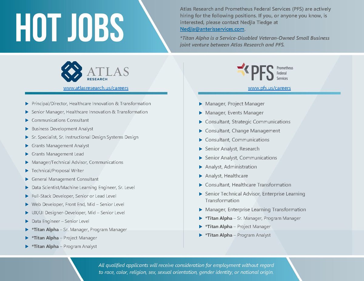 We’re hiring! Atlas and PFS are looking for managers, consultants, and much more. Our companies are known for being committed to purposeful work designed to positively impact populations in need. Apply today! lnkd.in/dF3pX2C #hiring #jobs #opportunities #careers