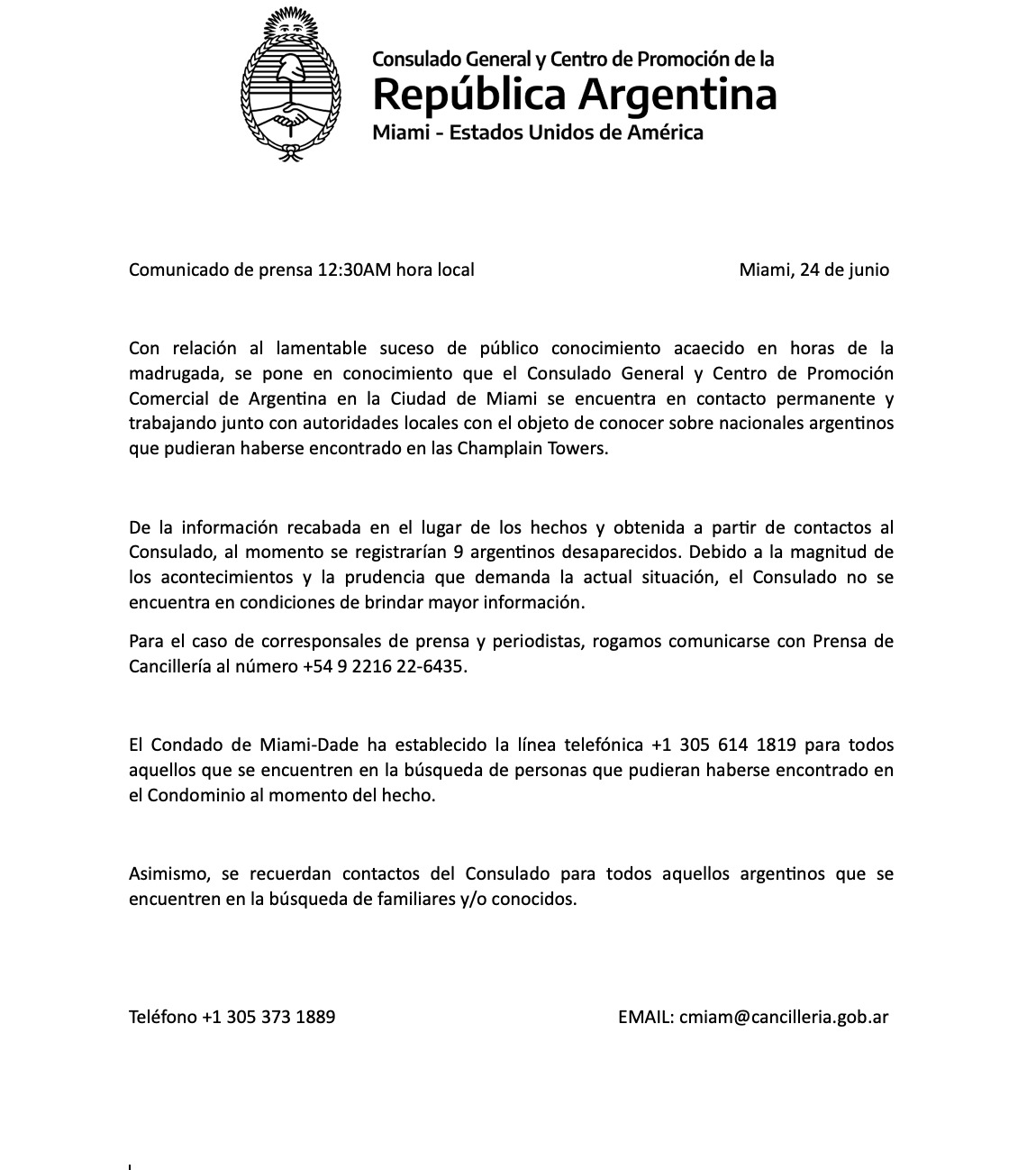 El consulado argentino de Miami se expresó tras la ...
