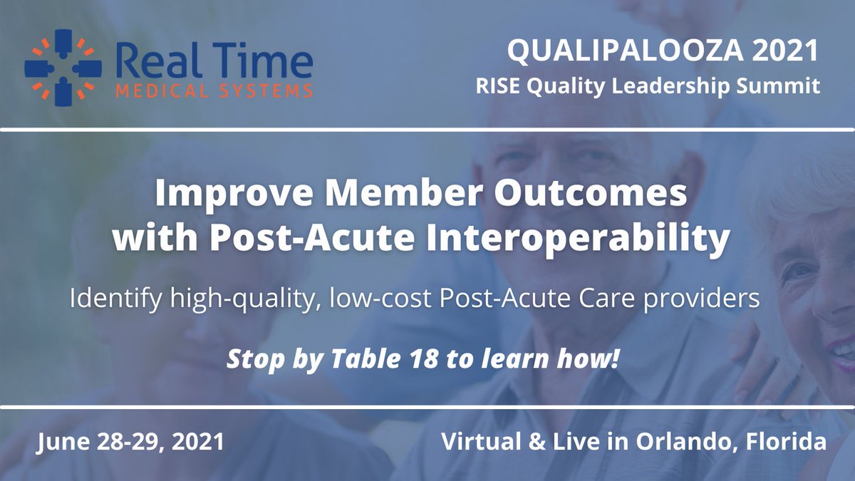 myRealTimeMed's tweet photo. Attending @RISEhlth Qualipalooza 2021? Learn how payers can advance #populationheath improvement efforts through PAC interoperability with Real Time.
Register: https://t.co/kHgsx2aYvd
#interventionalanalytics #interoperability #PostAcuteCare https://t.co/KDckBfQz7G