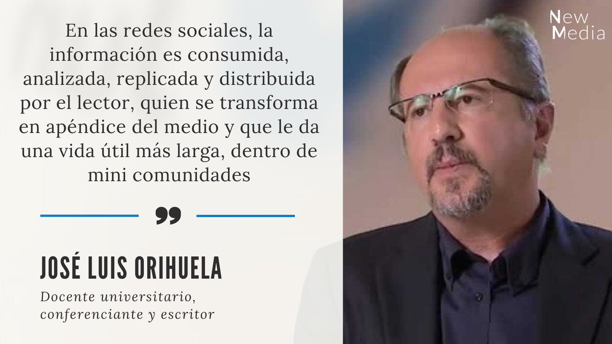 NewMediaTFM's tweet photo. ¿Cuál es el impacto que tiene las redes sociales en los usuarios y el periodismo?

José Luis Orihuela, en su libro “Los medios después de internet”, explica el proceso que sigue la información luego de ser difundida en las redes.

#RedesSociales #Periodismodigital https://t.co/uIez8NOF00