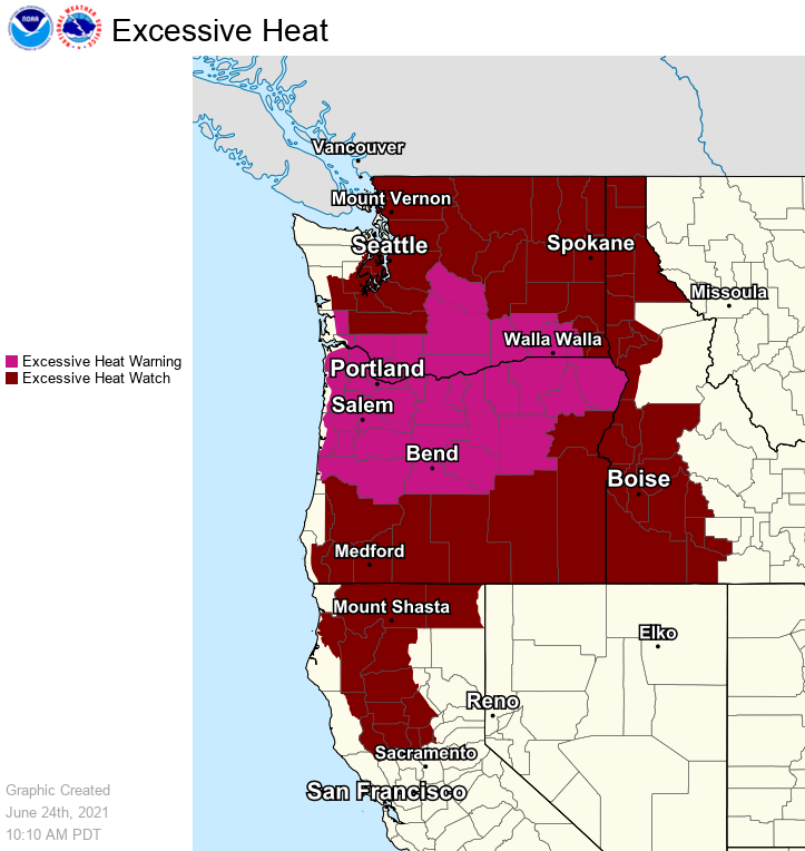 NWSWPC's tweet photo. Over 13 million people find themselves under excessive heat watches or warnings as a dangerous and prolonged heat wave begins to set in across the northwest. Stay cool and hydrated if heading outdoors!🌡️🥵 https://t.co/MY6eB4xIir