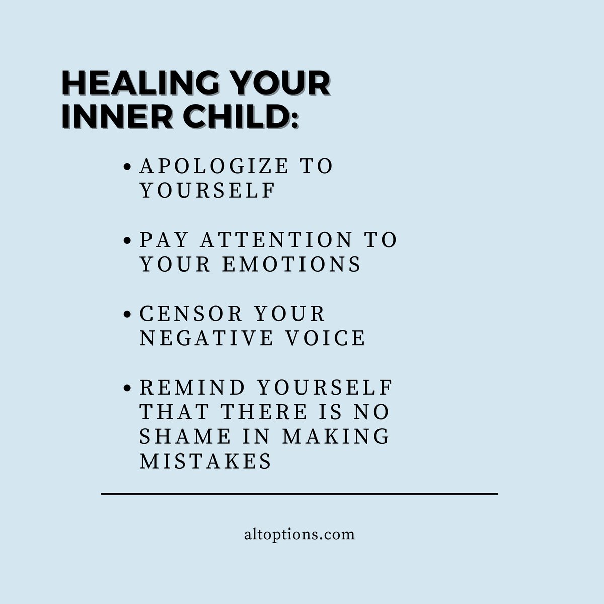 AltOptionsCC's tweet photo. It is very important to heal your inner child. When growing up and you deal with difficult life experiences they influence the schemas that you hold in your mind. So when current situations occur the lens that we use is from the schemas that we developed due to our past. https://t.co/vLRSwGWu1b
