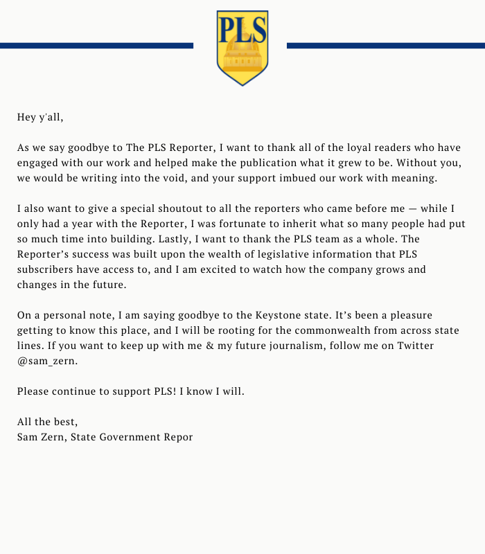 ThePLSReporter's tweet photo. An announcement from @MyPLS President Deborah E. Hannon &amp; State Government Reporter @sam_zern: https://t.co/2wq8tZEs7d