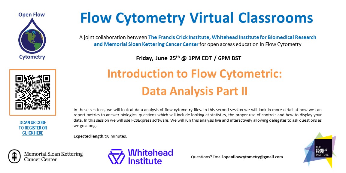 WIBRFlow's tweet image. Tomorrow! There is still time to register. Join @FlowMskcc , @CrickTraining and the WIBR Flow Core for our next #openflow session on #flowcytometry data analysis.
As always, this is free to attend and participant interaction is encouraged!
Register here: bit.ly/3qo4GS1