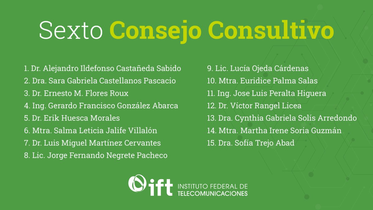 En el <a href="/IFT_MX/">IFT</a> damos la bienvenida y agradecemos a los integrantes de nuestro VI #ConsejoConsultivo, profesionales de destacada trayectoria y prestigio que contribuirán a fortalecer el trabajo institucional #RegulamosParaTi.