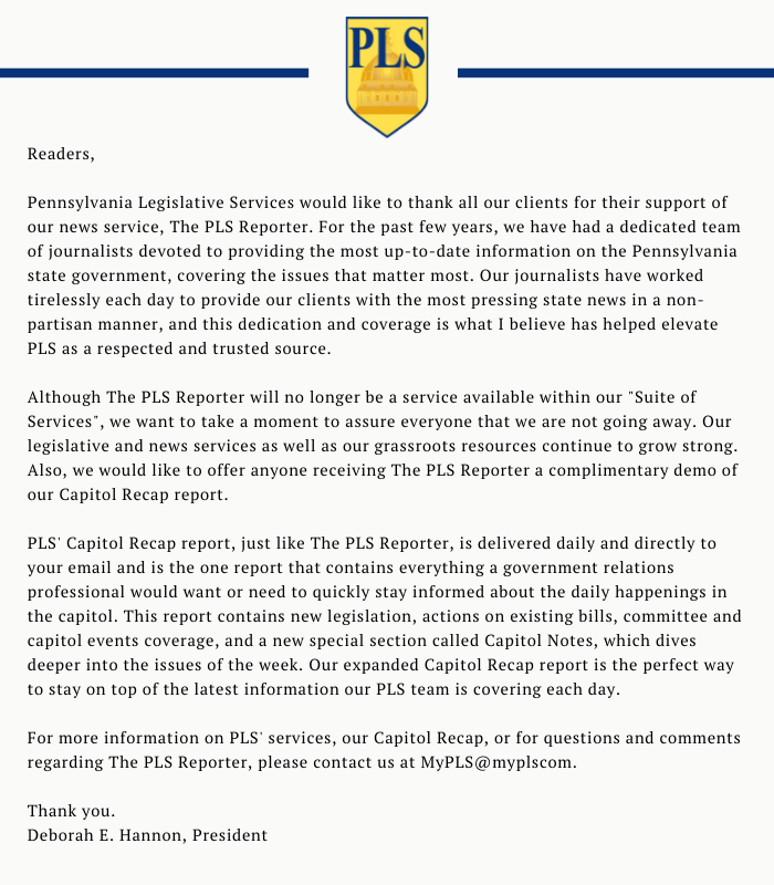 ThePLSReporter's tweet photo. An announcement from @MyPLS President Deborah E. Hannon &amp; State Government Reporter @sam_zern: https://t.co/2wq8tZEs7d