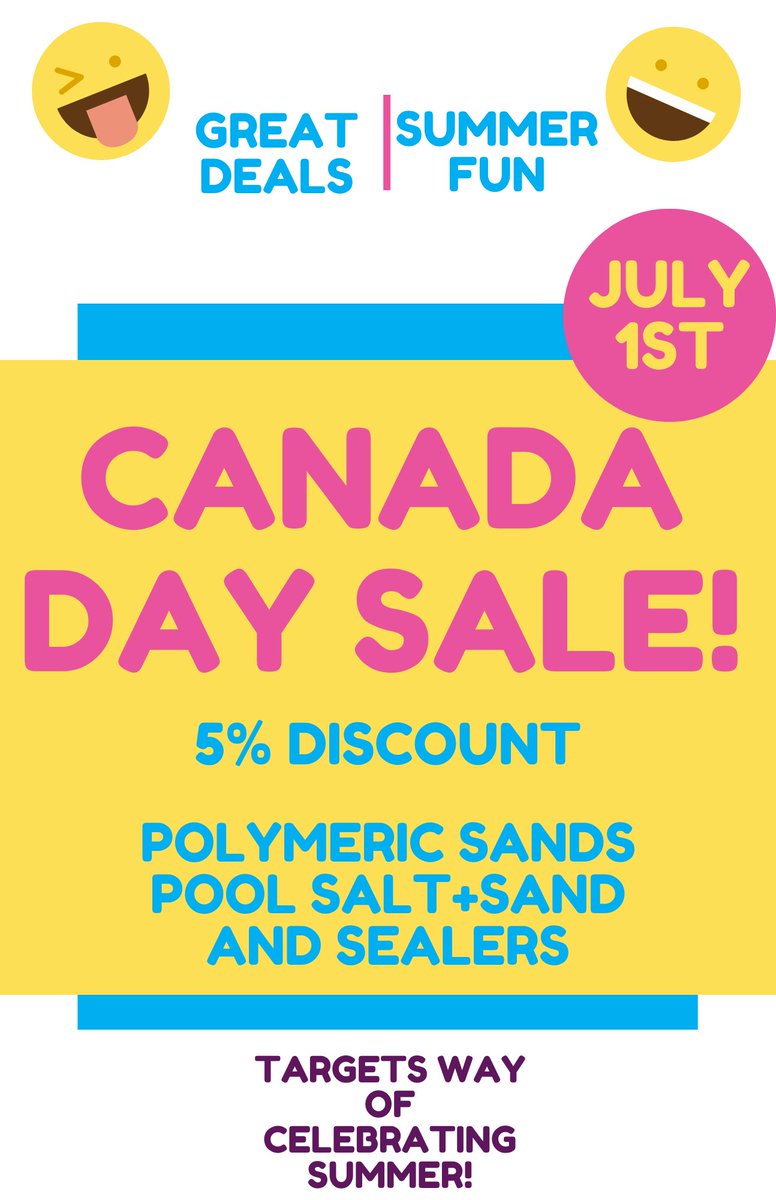 TargetBuilding's tweet photo. 🚨UPDATE🚨: We will be open on Thursday July 1st  7am to 5pm. 
We will be celebrating all day with discounts/sale for customers .
We will be CLOSED on Friday July 2nd  (in lieu of the Canada Day Stat Holiday)

So remember to stop by for some cool deals 😎😎

#TargetsCanadaDaySale https://t.co/xRPcMptSjW