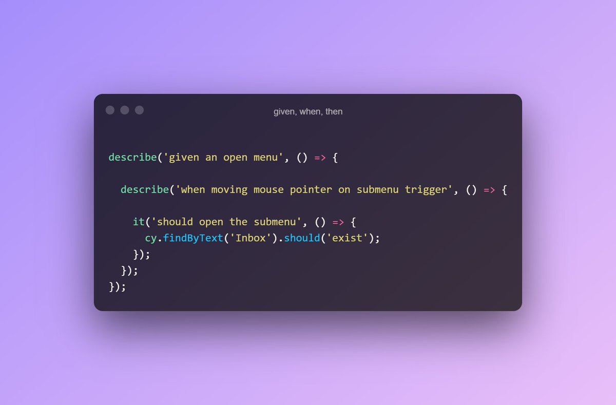 What I really like about Open Source is that you can sneak into other people's code reviews and learn from their feedback🤩

TIL about #GivenWhenThen styled spec tests

Seen on <a href="/radix_ui/">Radix by WorkOS</a> repo by <a href="/jjenzz/">jenna</a>: github.com/radix-ui/primi…