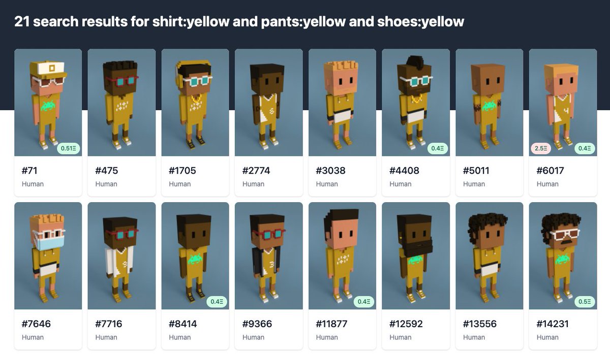 😶 Meebits Update 😶
⭐️ Search! Find single attributes, or use the query language to find specific combos like "shirt:black and jerseynum:7" or Meebits wearing all yellow: "shirt:yellow and pants:yellow and shoes:yellow". More details and examples here: larvalabs.com/blog/2021-6-24…