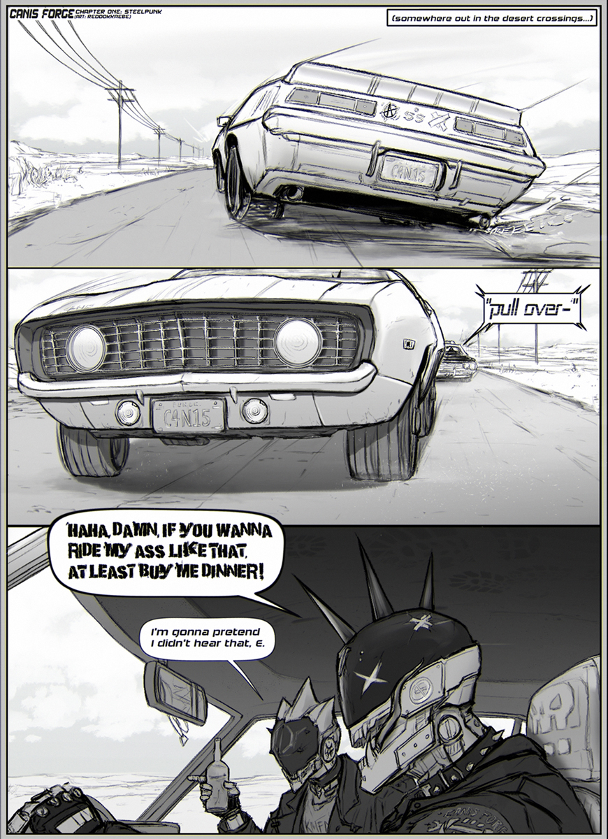 Canis Forge ⚙️ [Pg. 1-3] 
[Muscle cars, punks, ex-lovers, and turbulent pasts] 