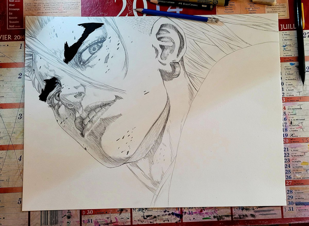 drinou81's tweet photo. Je suis arrivée à bout de mon crayonné de Ken Kitano ! ⚡J'arrête, je continuerai l'encrage demain (oui j'ai encré les sourcils 😅). Il finira sur mon mur, encadré si je ne loupe pas l'encrage 🔥❤👌) #inprogress  #SunKenRockFanart A3 #KenKitano https://t.co/AqgJkFvvgD